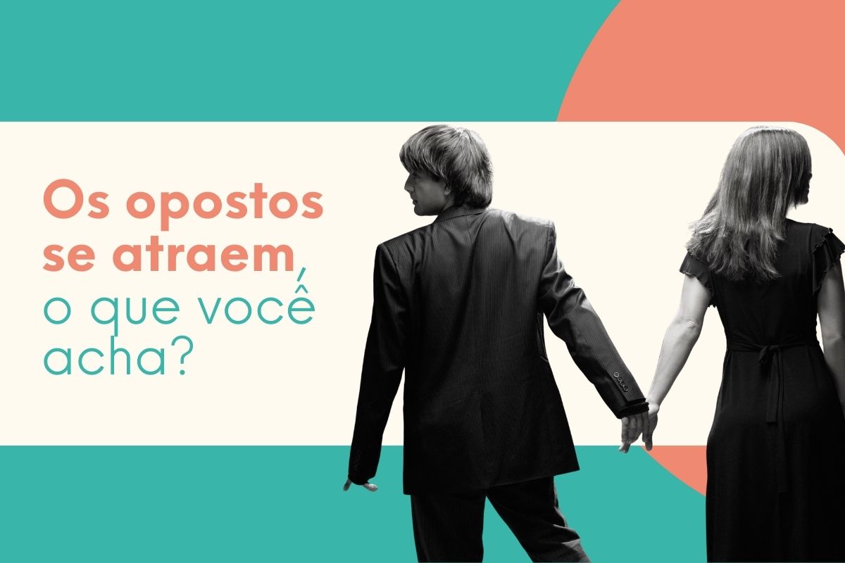 Homem e mulher de mãos dadas caminhando em direções opostas, simbolizando diferenças de personalidade e relacionamentos entre opostos.
