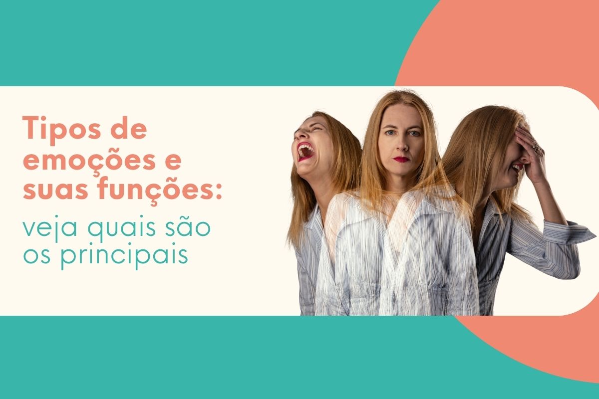 Mulher representando diferentes emoções humanas como raiva, tristeza e neutralidade em montagem ilustrativa sobre tipos de emoções e suas funções.