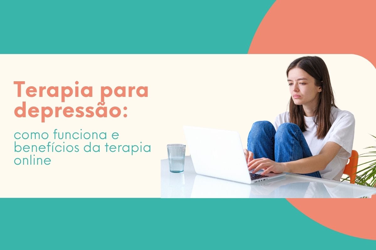 Mulher com expressão triste usando notebook em sessão de terapia online para depressão