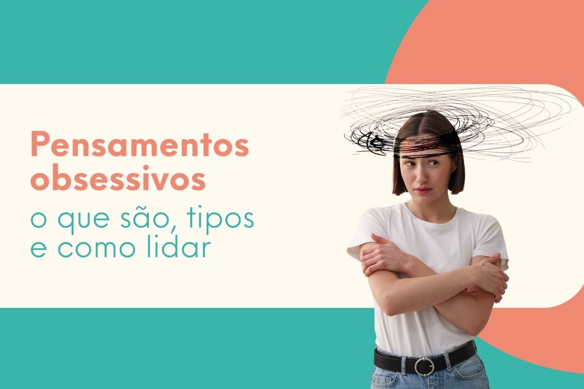 Mulher com expressão preocupada e braços cruzados, com rabiscos sobre a cabeça simbolizando pensamentos obsessivos e ansiedade.