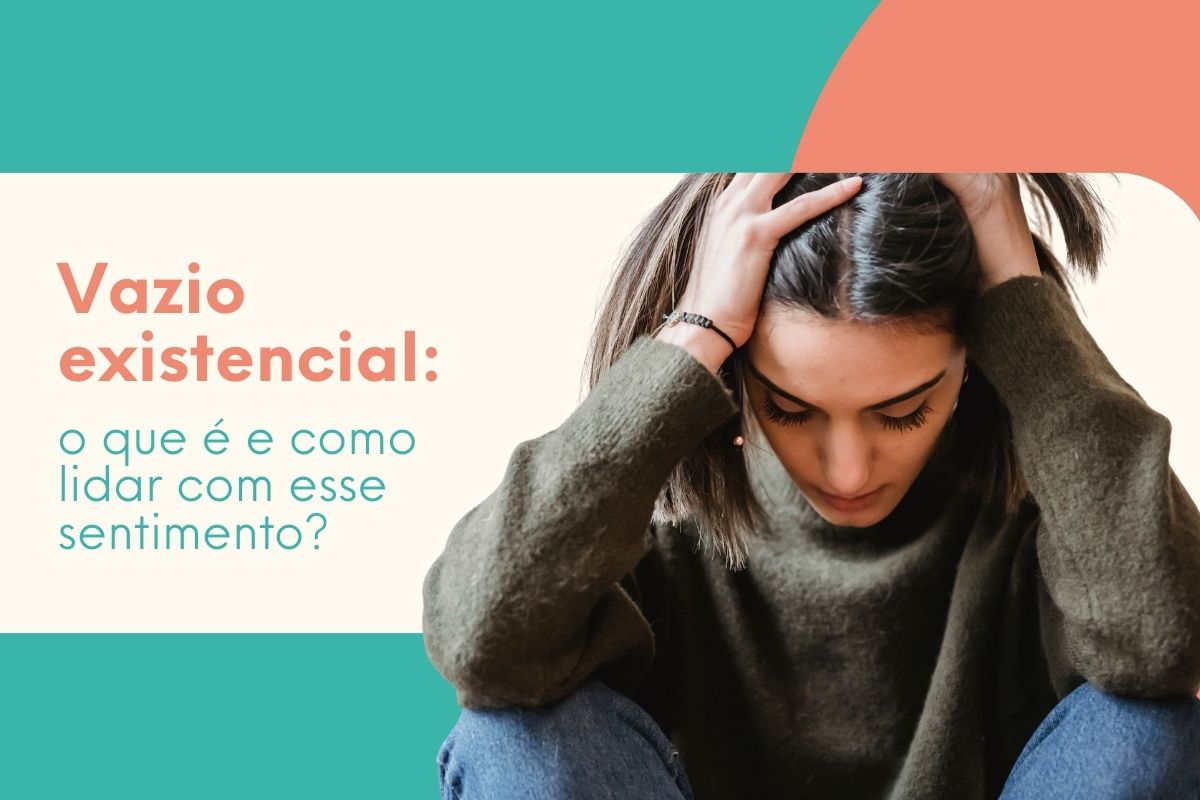 vazio Mulher sentada com a cabeça abaixada e mãos na cabeça, representando vazio existencial e sofrimento emocional