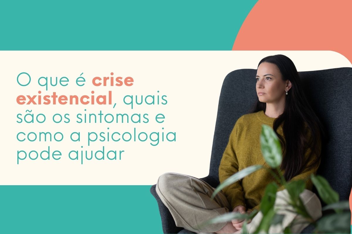 Mulher sentada em uma poltrona com expressão reflexiva, representando crise existencial, questionamentos sobre a vida e busca por apoio psicológico.