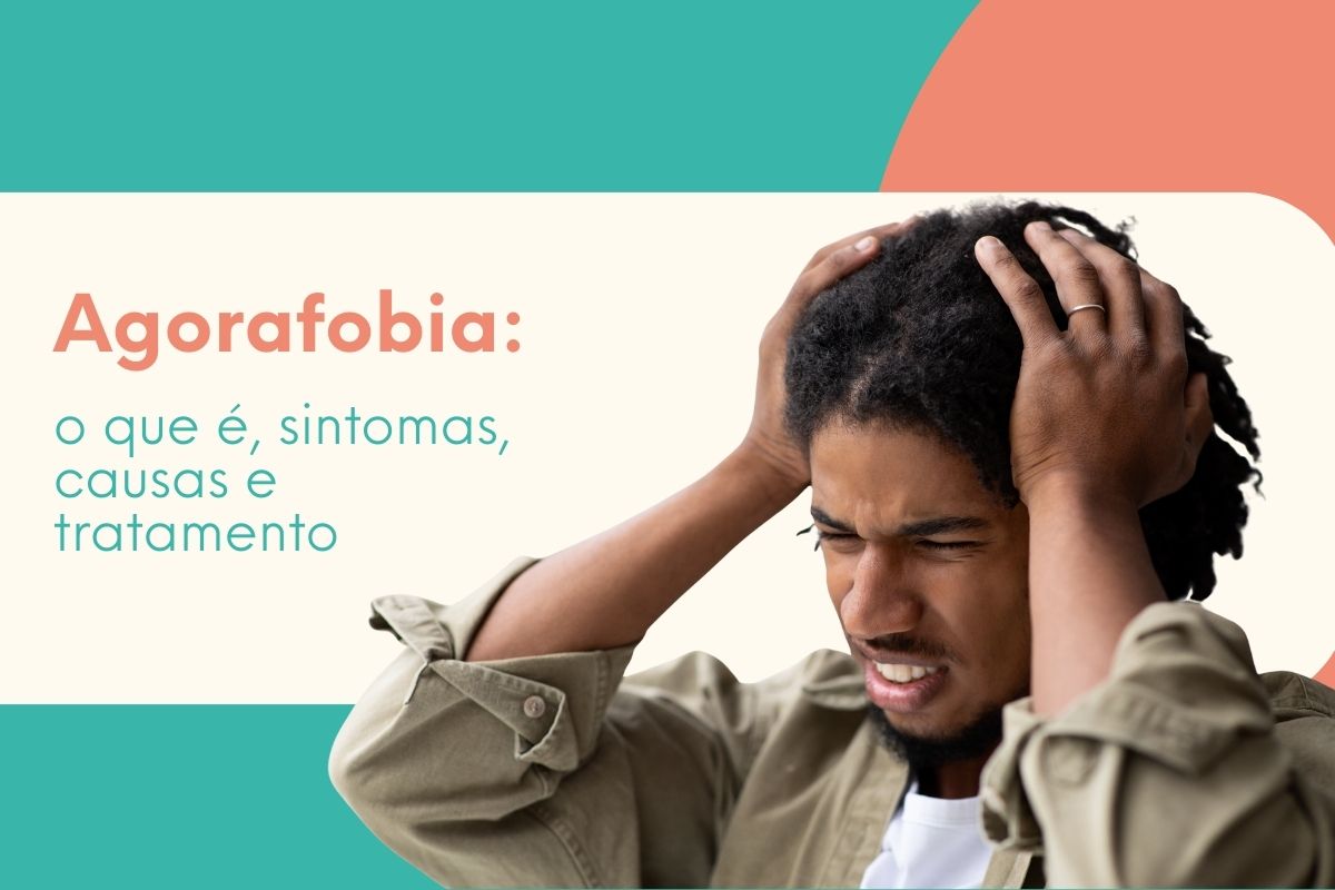 Homem segurando a cabeça com expressão de angústia, representando crise de ansiedade e sintomas de agorafobia em situações de medo intenso.