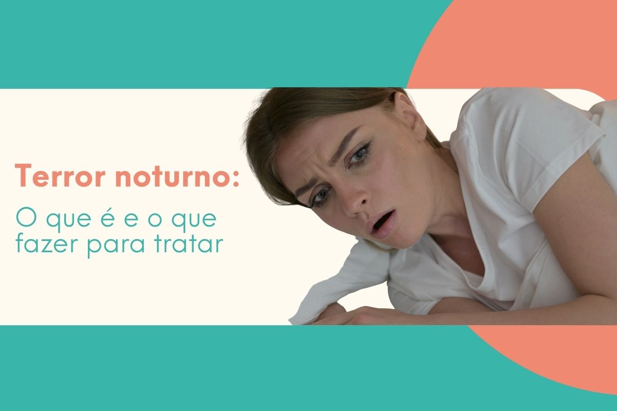 Mulher assustada deitada na cama durante episódio de terror noturno com texto explicativo sobre o distúrbio do sono