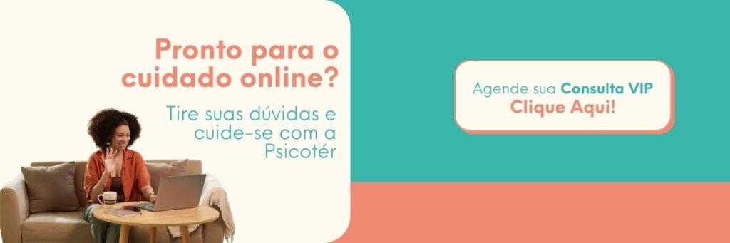 whatsapp Mulher em sessão de terapia online pelo notebook, sentada no sofá e acenando durante chamada de vídeo, ao lado de botão para agendar consulta VIP.