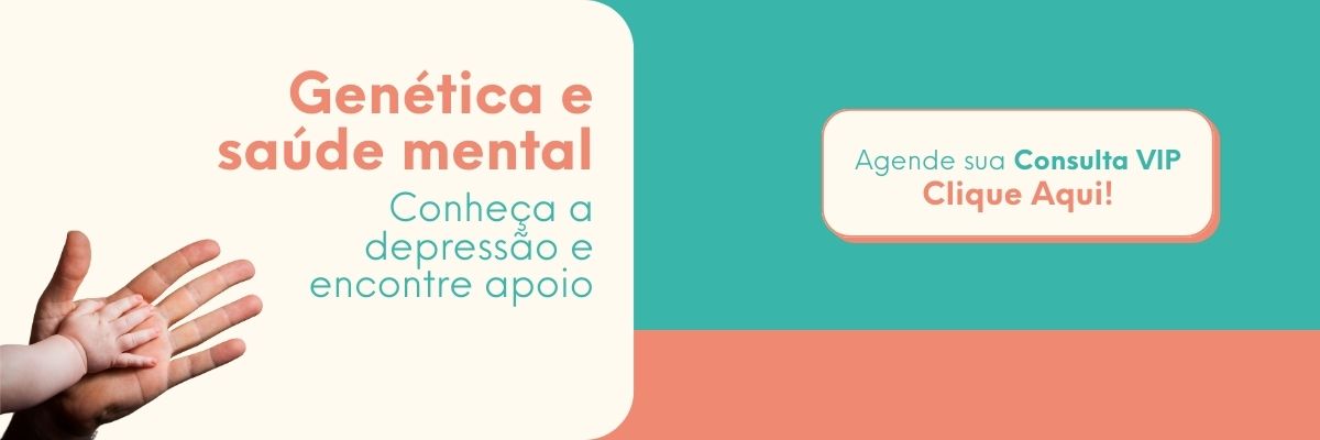 whatsapp Mão de adulto segurando a mão de um bebê ao lado do texto “A depressão é hereditária?” e botão para agendar consulta VIP, representando genética, ambiente e cuidado em saúde mental.