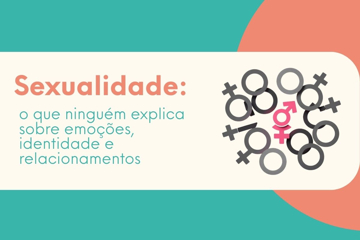 Banner informativo sobre sexualidade com símbolos de gênero e texto sobre emoções, identidade e relacionamentos