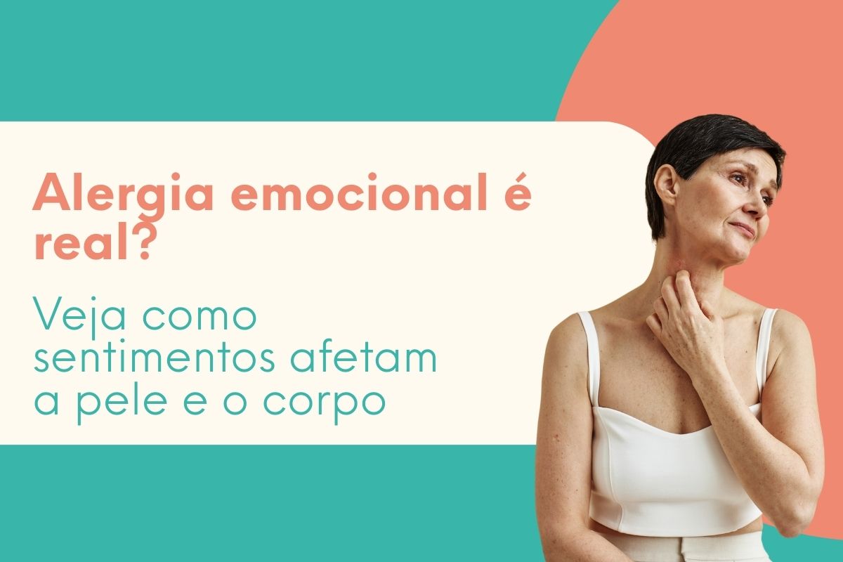 Banner informativo sobre alergia emocional com mulher tocando o pescoço e texto sobre emoções que afetam a pele e o corpo