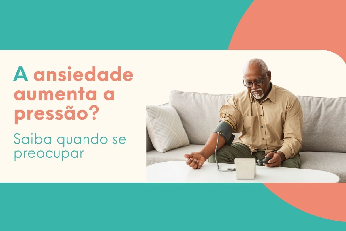 Homem medindo a pressão arterial em casa enquanto lida com ansiedade, representando a relação entre estresse emocional e pressão alta.