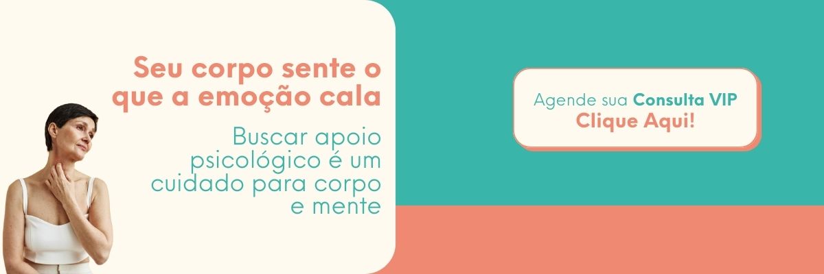 whatsapp Banner sobre saúde emocional com mulher tocando o pescoço e chamada para agendamento de consulta psicológica