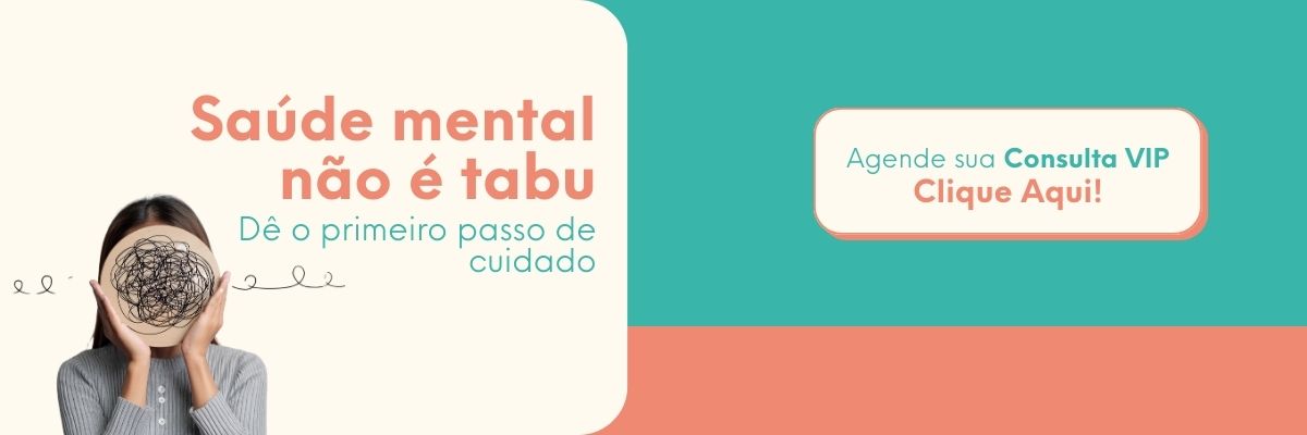 whatsapp Pessoa segurando máscara com pensamentos confusos desenhados, ao lado de botão para agendar consulta VIP, representando saúde mental, sinais emocionais e cuidado psicológico.