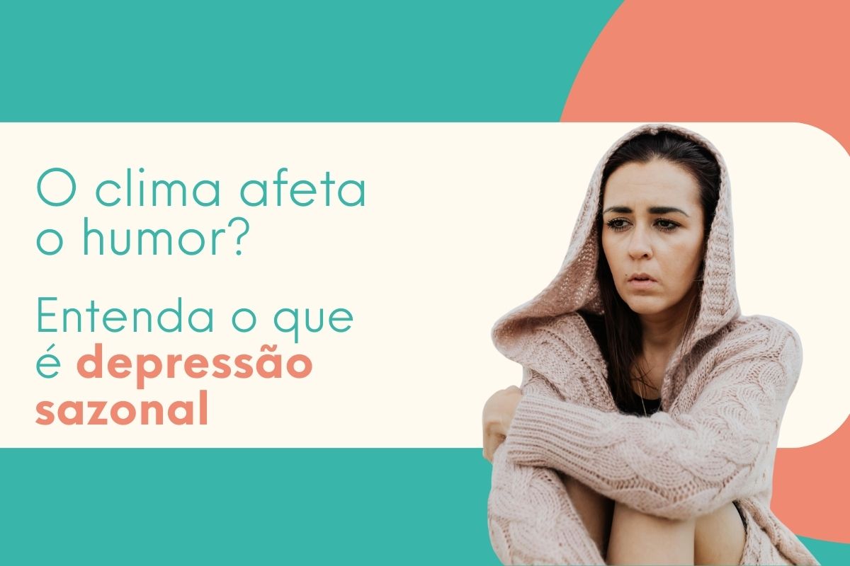 Mulher sentada com expressão de tristeza e introspecção, representando sintomas de depressão sazonal e alterações de humor causadas pelo clima.