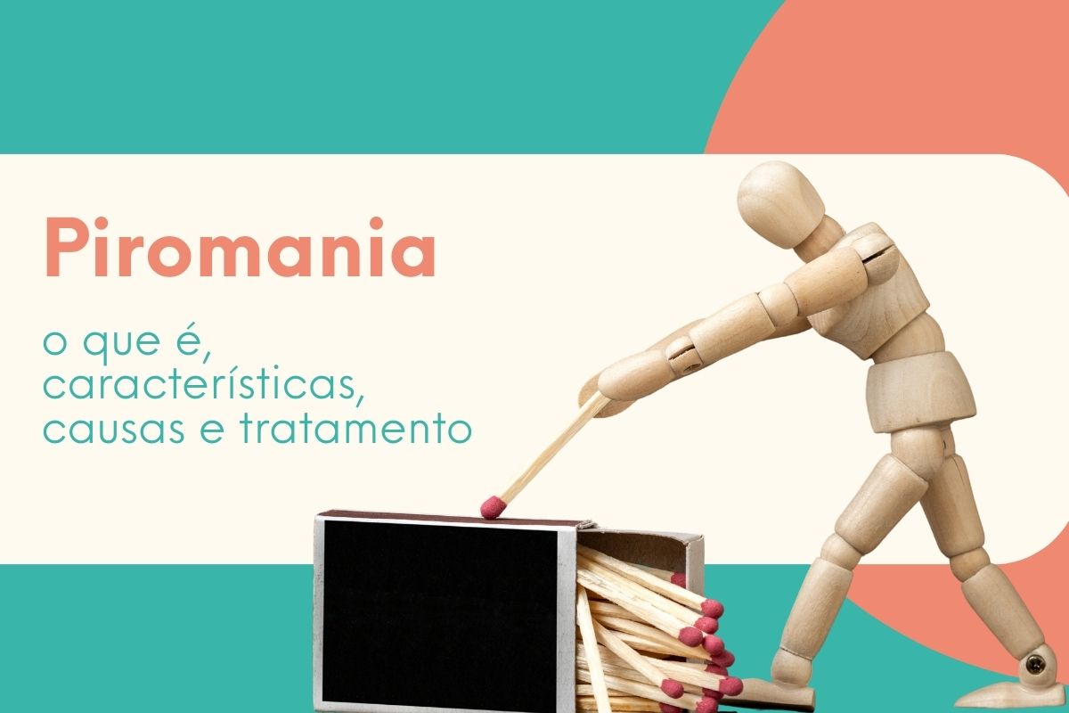 Boneco de madeira segurando um fósforo aceso próximo a uma caixa de fósforos, simbolizando a piromania e o impulso incontrolável de provocar incêndios.