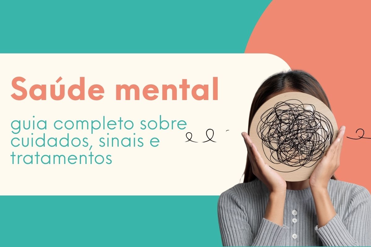Pessoa segurando uma máscara com desenho de pensamentos confusos na frente do rosto, representando saúde mental, sinais de sofrimento emocional e necessidade de cuidado psicológico.
