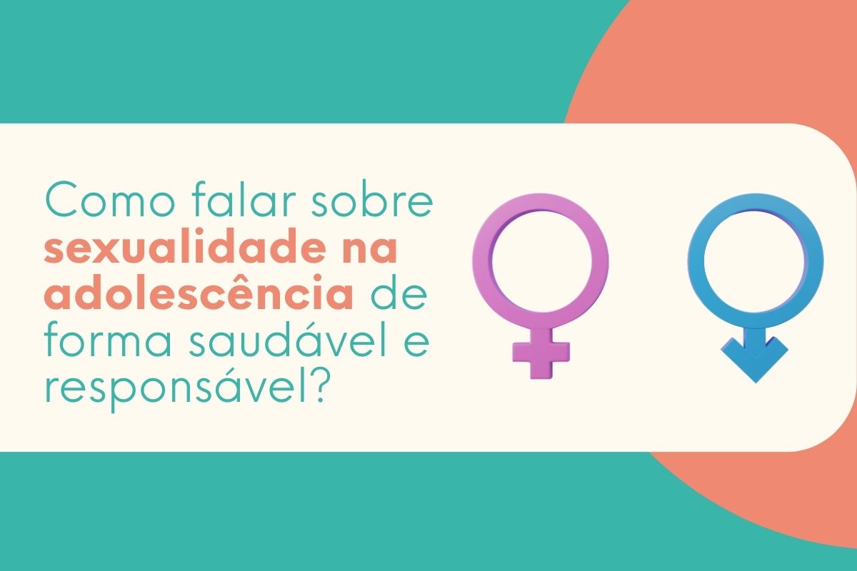 Ilustração com símbolos de gênero masculino e feminino ao lado do texto sobre sexualidade na adolescência, representando educação sexual saudável e responsável.
