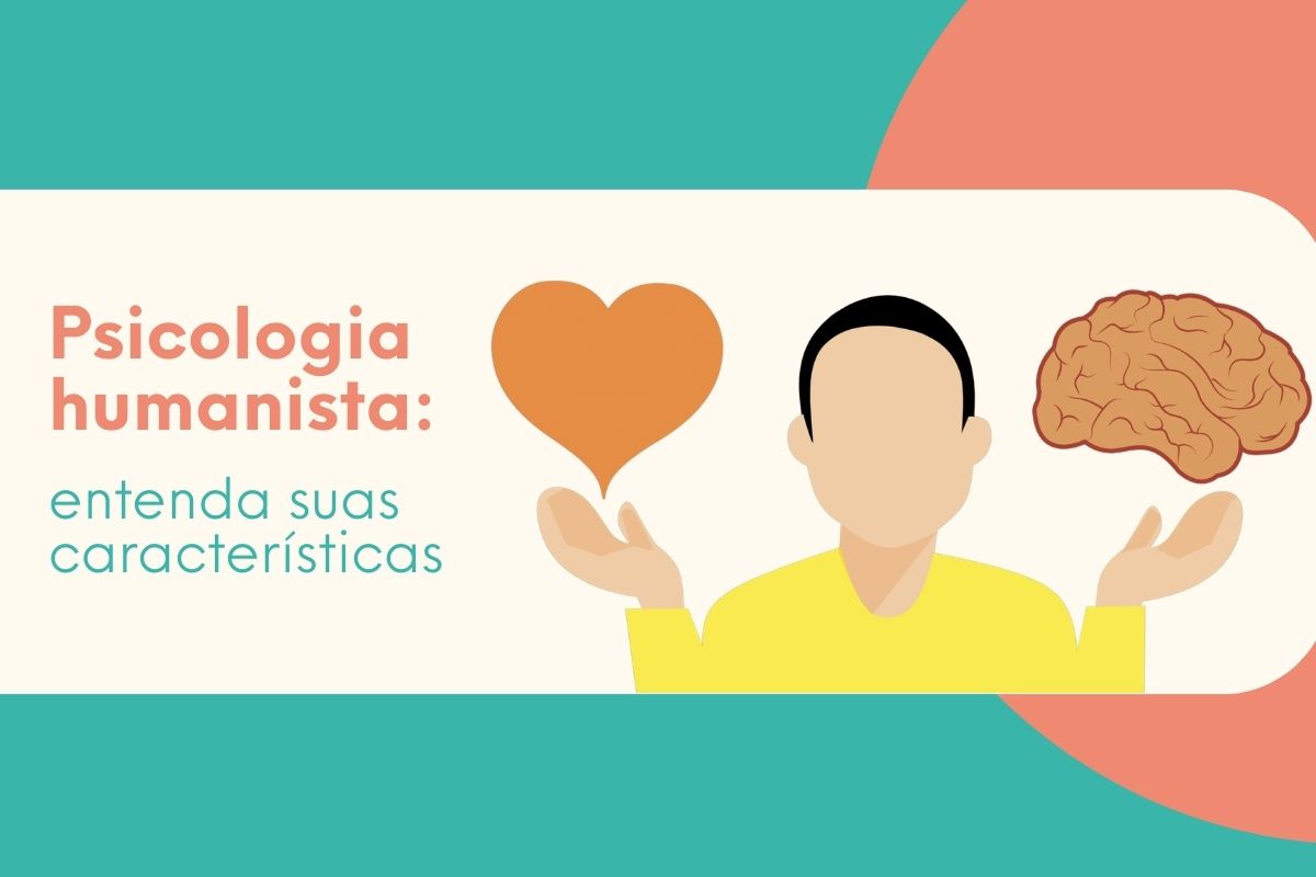 Ilustração sobre psicologia humanista com figura humana entre coração e cérebro representando emoção e razão.