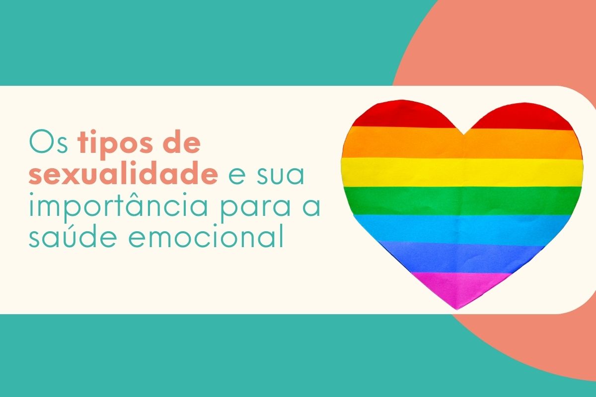 Coração com cores da bandeira LGBTQIA+ representando diversidade e tipos de sexualidade.