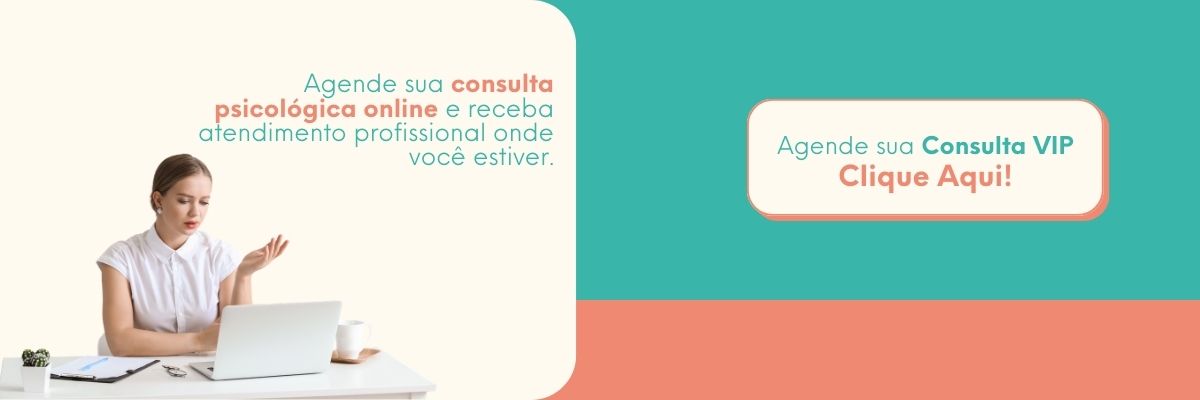 whatsapp Mulher em consulta psicológica online usando notebook com banner para agendar consulta VIP