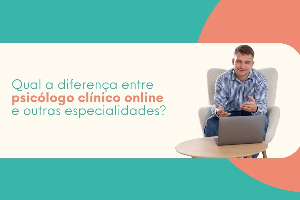 Homem em consulta com psicólogo clínico online pelo notebook, ilustrando diferenças entre especialidades da psicologia