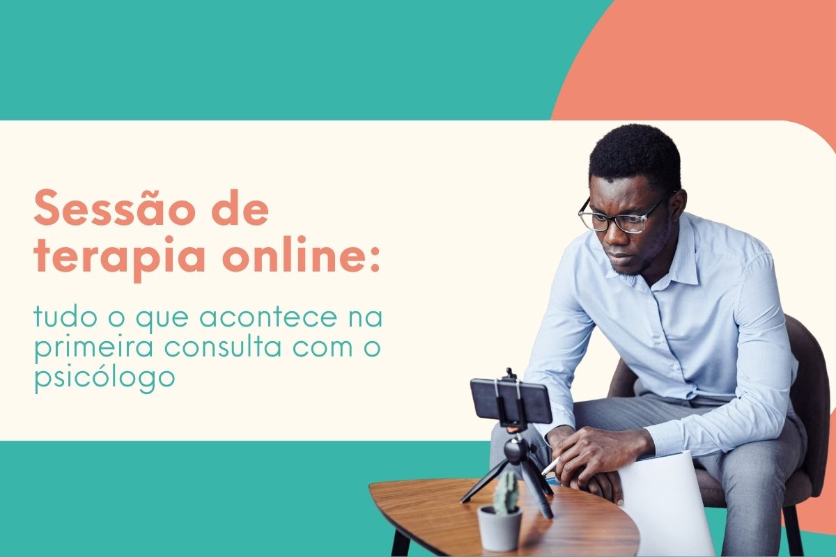 Homem participando de sessão de terapia online pelo celular durante primeira consulta com psicólogo