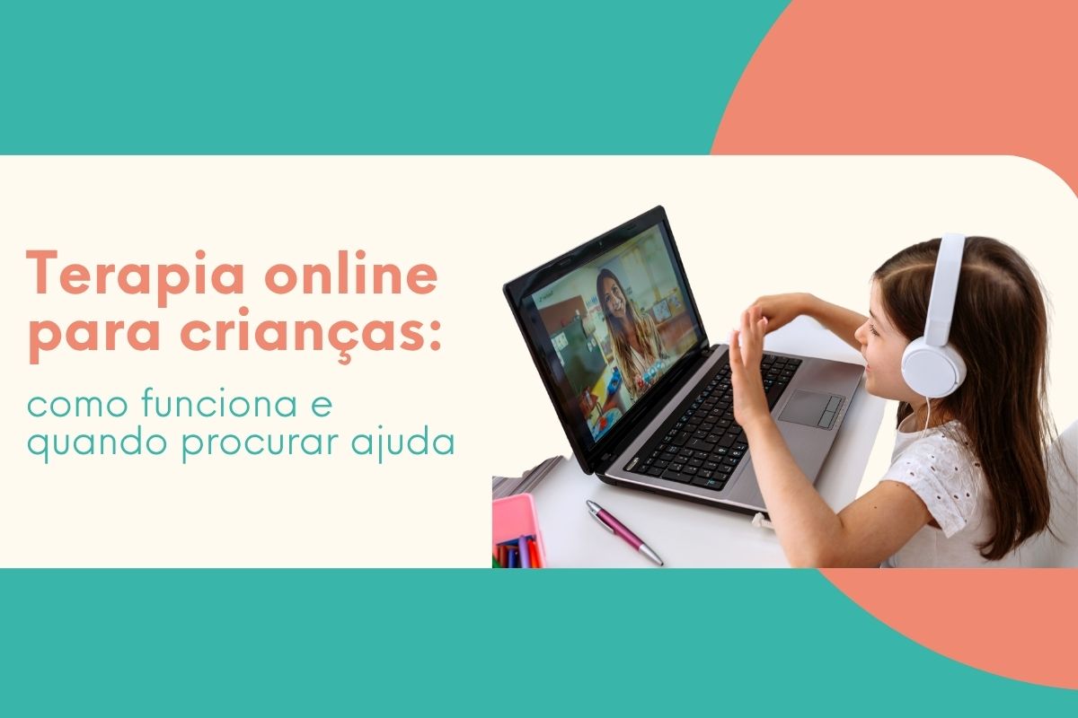 Criança em sessão de terapia online usando notebook e fones de ouvido com psicóloga