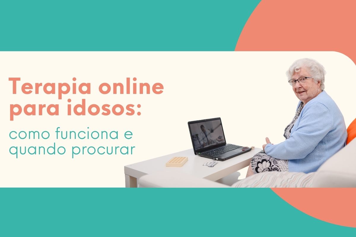 Idosa utilizando notebook em sessão de terapia online em casa, representando apoio psicológico para idosos