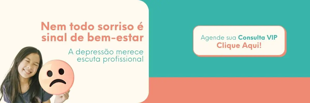 whatsapp Banner sobre depressão com criança sorrindo ao lado de ícone de rosto triste e chamada para agendamento de consulta profissional