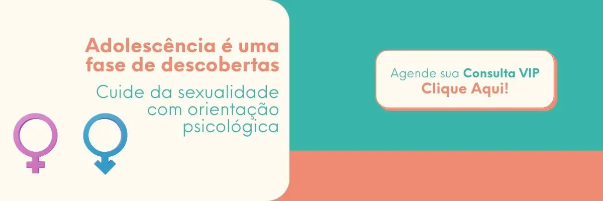 whatsapp Banner educativo sobre sexualidade na adolescência com símbolos feminino e masculino e texto informativo