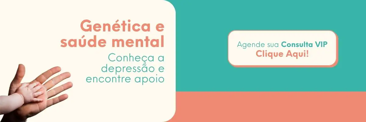 whatsapp Mão de adulto segurando a mão de um bebê ao lado do texto “A depressão é hereditária?” e botão para agendar consulta VIP, representando genética, ambiente e cuidado em saúde mental.