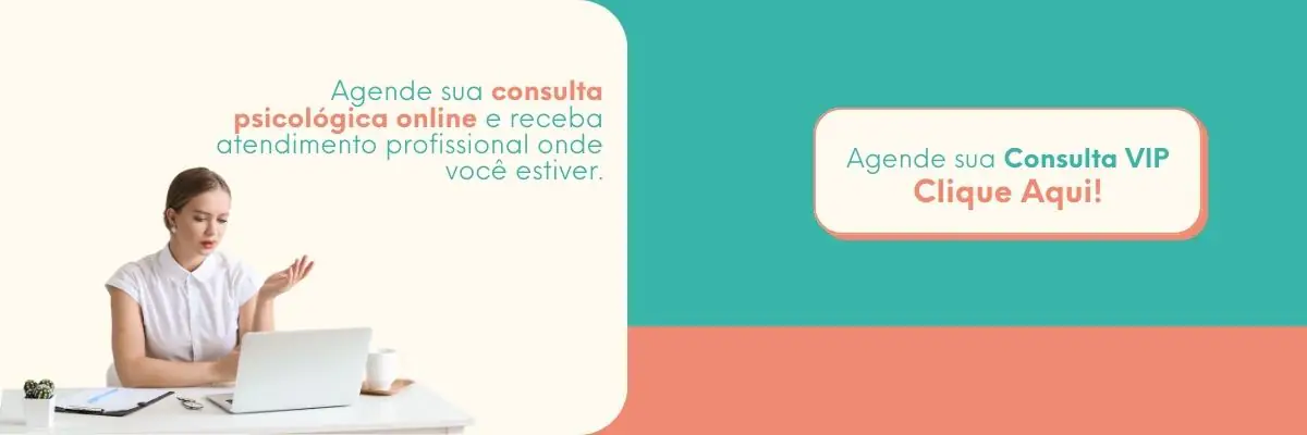 whatsapp Mulher em consulta psicológica online usando notebook com banner para agendar consulta VIP